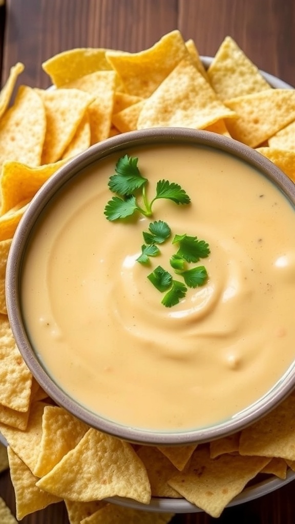 Creamy cauliflower queso dip in a bowl with tortilla chips and cilantro garnish on a wooden table.